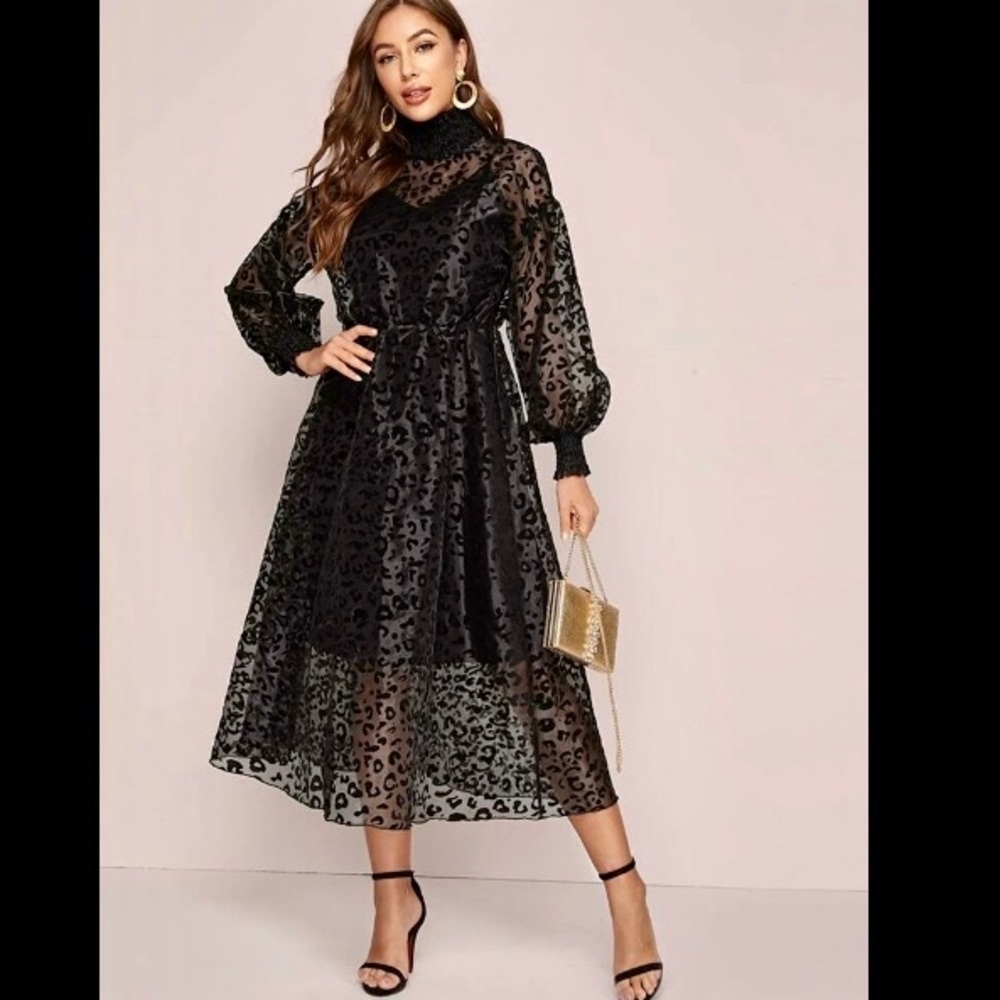 Leopard Organza Overlay Dress Shirred Neck